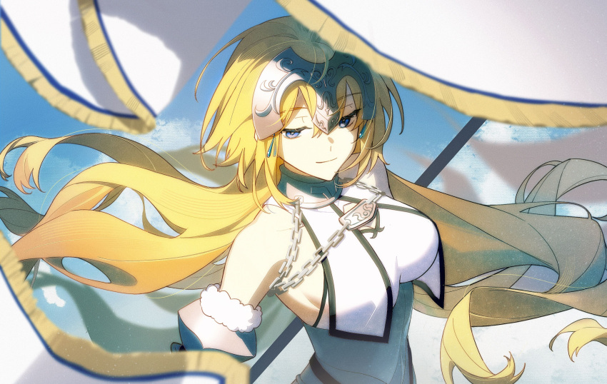 absurdres banner bare_shoulders blonde_hair blue_eyes breast_curtains breasts chains closed_mouth fate/grand_order fate_(series) female fur_trim headpiece highres idass_(idass16) jeanne_d'arc_(fate) large_breasts long_hair looking_at_viewer sideboob smile solo upper_body very_long_hair