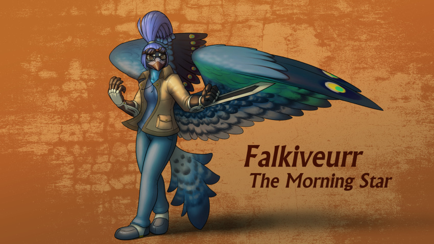 16:9 anthro armor avian bird blade clothing english_text eyewear falcon falconid female freya_manibrandr galliform gauntlets gloves goggles handwear hi_res peafowl phasianid tagme text widescreen