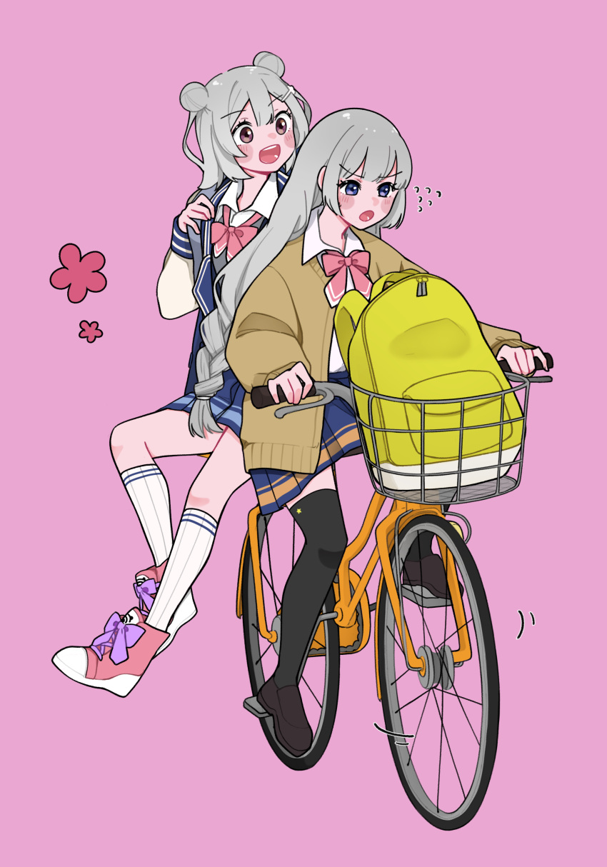 2girls absurdres alpaca_opo bag bicycle bicycle_basket black_thighhighs blazer blue_jacket blue_skirt blush_stickers bow bowtie braid brown_jacket cevio commentary double_bun flower flying_sweatdrops full_body grey_hair grey_sweater hair_bun hair_ornament hairclip highres jacket kizuna_akari kneehighs koharu_rikka long_hair looking_at_another miniskirt multiple_girls multiple_riders open_mouth pedal pink_background pink_bow pink_bowtie pink_footwear pleated_skirt riding riding_bicycle school_bag shirt shoes short_hair shoulder_bag skirt sneakers socks sweater synthesizer_v thighhighs twin_braids v-shaped_eyebrows very_long_hair voiceroid white_legwear white_shirt