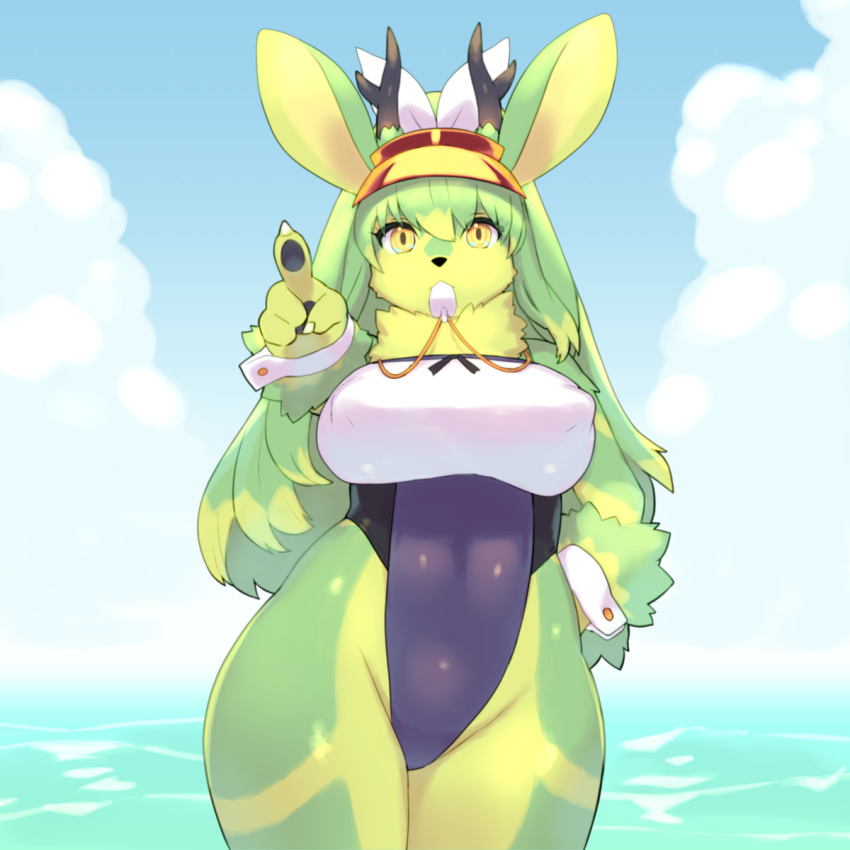 1:1 anthro antlers breasts clothed clothing digital_media_(artwork) female fur green_body green_fur hair hi_res horn jackalope lagomorph mammal natsu_(natsu_o3o) solo swimwear water wkar yellow_eyes