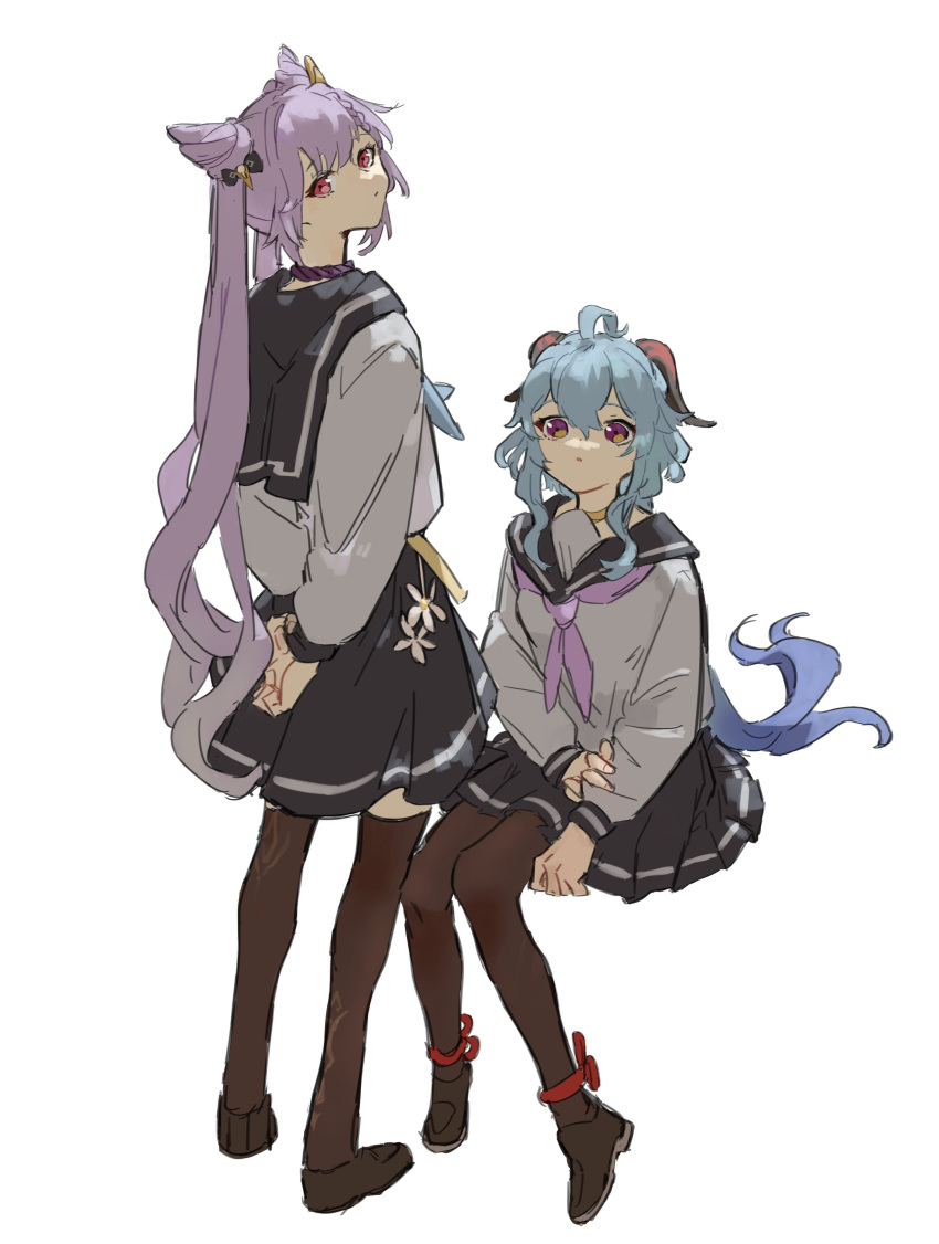 2girls :o absurdres alternate_costume black_footwear blue_hair blue_skirt contemporary ganyu_(genshin_impact) genshin_impact hair_horns hand_on_own_arm highres horns keqing_(genshin_impact) kurattes long_hair looking_back multiple_girls purple_eyes purple_hair red_eyes sailor_collar school_uniform serafuku sitting skirt standing thighhighs twintails very_long_hair