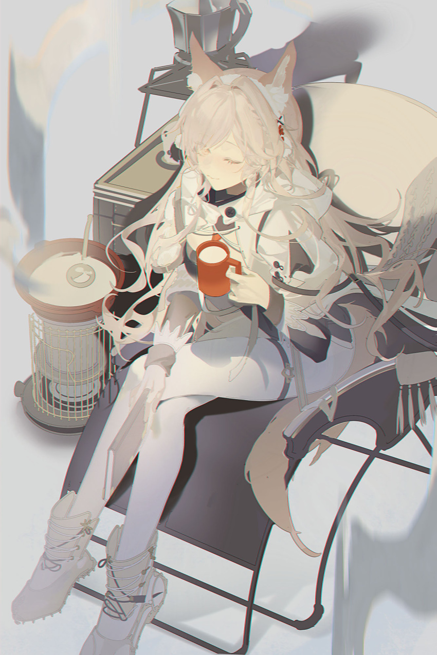 ;) animal_ear_fluff animal_ears ankle_boots arknights black_dress boots breasts brown_eyes closed_mouth crossed_legs cup dress female food full_body highres holding holding_cup large_breasts long_hair long_sleeves mug official_alternate_costume one_eye_closed pantyhose pink_hair portable_stove pozyomka_(arknights) pozyomka_(snowy_plains_in_words)_(arknights) samo_(shichun_samo) sitting smile solo tail tassel thigh_strap very_long_hair white_footwear white_headwear white_pantyhose wolf_ears wolf_girl wolf_tail