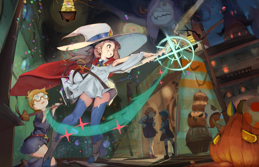 5girls ahoge amanda_o'neill arm_up bare_shoulders barrel bat_(animal) belt blonde_hair blue_dress blue_eyes blue_hair blue_skirt blue_thighhighs blunt_bangs boots broom brown_eyes brown_footwear brown_hair cape collared_shirt commentary confetti constanze_amalie_von_braunschbank-albrechtsberger cosplay detached_sleeves dress glasses glint hair_ornament hair_ribbon hairband halloween hat highres holding holding_wand kagari_atsuko lantern little_witch_academia long_hair long_sleeves lotte_jansson luna_nova_school_uniform multiple_girls mushroom neck_ribbon night open_mouth orange_hair outdoors pale_skin ponytail pumpkin purple_dress purple_hair rawtuna red_cape red_eyes ribbon school_uniform semi-rimless_eyewear shiny_chariot shiny_chariot_(cosplay) shiny_rod_(little_witch_academia) shirt shoes short_hair short_ponytail sidelocks skirt sky smile sparkle staff standing star_(symbol) sucy_manbavaran tent thighhighs trick_or_treat wand white_headwear white_shirt wide_sleeves witch witch_hat