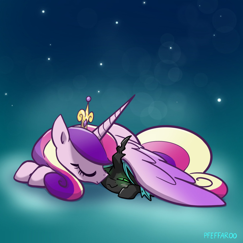 1:1 alicorn arthropod blush changeling crown cuddling equid equine feathered_wings feathers friendship_is_magic green_eyes green_hair hair hasbro hi_res horn lying mammal my_little_pony night pfeffaroo princess_cadance_(mlp) queen_chrysalis_(mlp) sparkles tiara wing_blanket wings