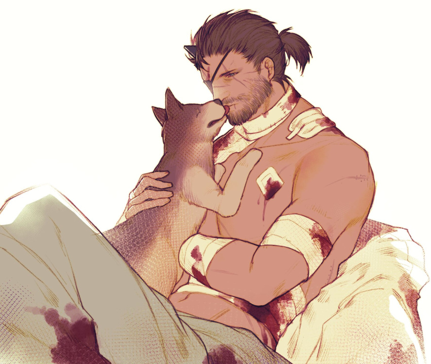 1boy amputee animal bandages beard blood blood_on_bandages blue_eyes brown_hair canine collarbone diamond_dog eboda-x eyepatch facial_hair highres holding holding_animal holding_dog horns large_pectorals licking looking_at_animal male_focus mature_male metal_gear_(series) metal_gear_solid_v:_the_phantom_pain navel pectorals ponytail puppy scar scar_across_eye scar_on_arm scar_on_cheek scar_on_face scar_on_nose short_hair simple_background single_horn solo toned toned_male topless_male venom_snake white_background