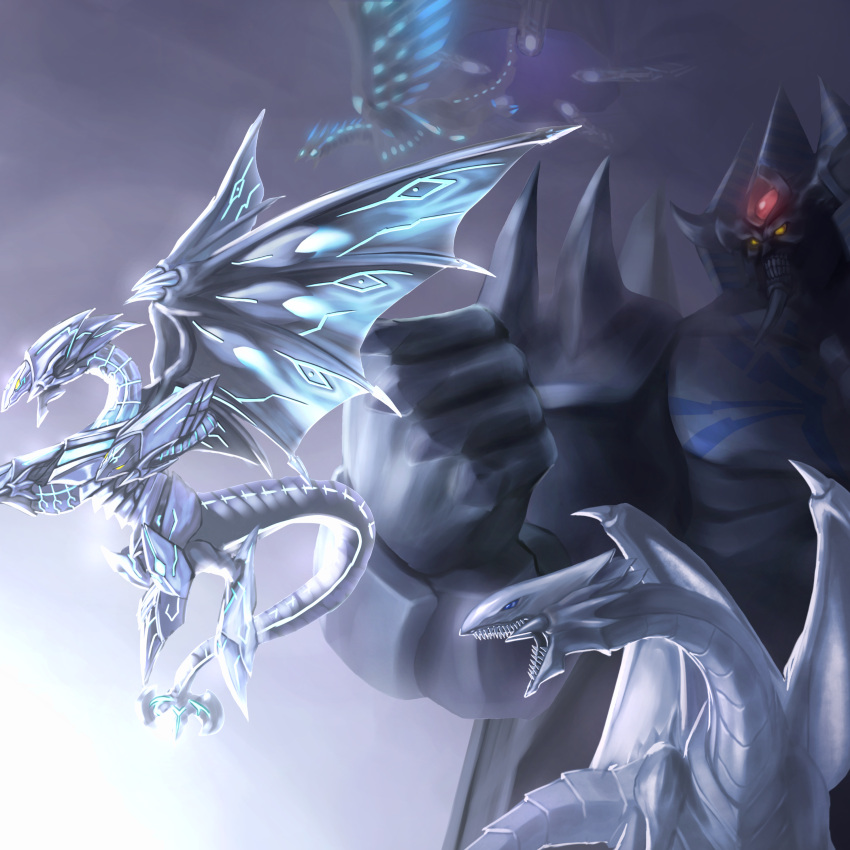 absurdres blue-eyes_chaos_max_dragon blue-eyes_white_dragon blue_eyes clenched_hand commentary dragon duel_monster flying highres multiple_heads neo_blue-eyes_ultimate_dragon no_humans obelisk_the_tormentor open_mouth quwrofsk8 sharp_teeth shoulder_spikes spikes teeth wings yellow_eyes yu-gi-oh! yu-gi-oh!_duel_monsters yu-gi-oh!_the_dark_side_of_dimensions