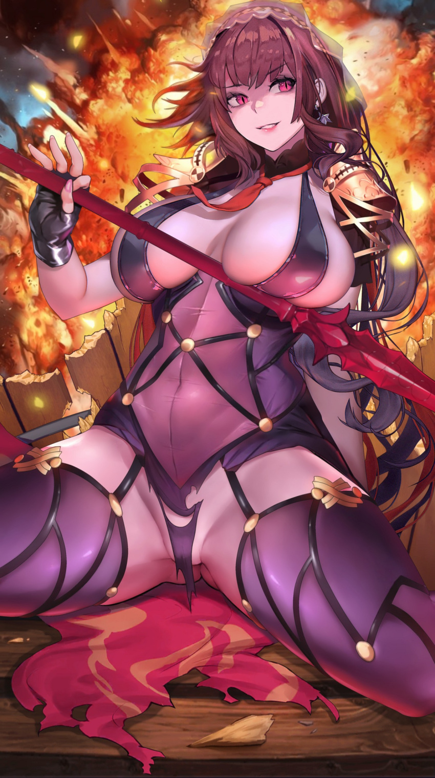 504_gateway armor bad_id bad_pixiv_id between_breasts bodysuit breasts cleavage covered_navel explosion fate/grand_order fate_(series) female gae_bolg_(fate) highres large_breasts leotard long_hair necktie necktie_between_breasts pauldrons polearm purple_bodysuit purple_hair purple_leotard red_eyes red_necktie scathach_(fate) shoulder_armor slit_pupils smile solo spear spread_legs thighs torn_clothes very_long_hair weapon