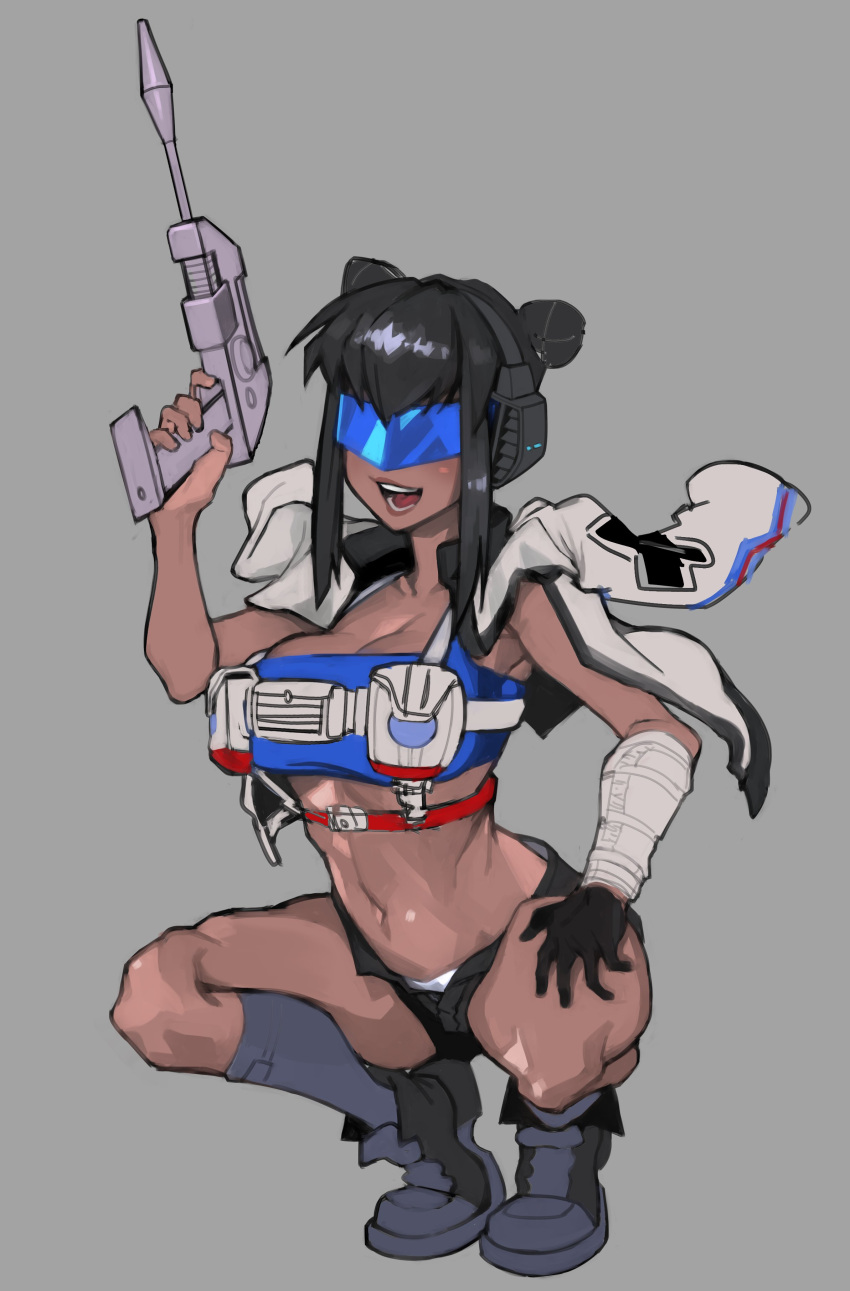 absurdres black_footwear black_gloves black_shorts blue-tinted_eyewear blue_tube_top breasts cleavage dark-skinned_female dark_skin double_bun en_(envelus_tf) female genderswap_(mtf) gloves grey_socks gun hair_bun head-mounted_display head_tilt headphones highres holding holding_gun holding_weapon humanization jacket jacket_on_shoulders jazz_(transformers) medium_breasts micro_shorts midriff navel open_clothes open_mouth open_shorts panties rule_63 shoes shorts sidelocks smile sneakers socks solo squatting strapless tinted_eyewear transformers transformers:_generation_1 tube_top underwear weapon white_jacket white_panties