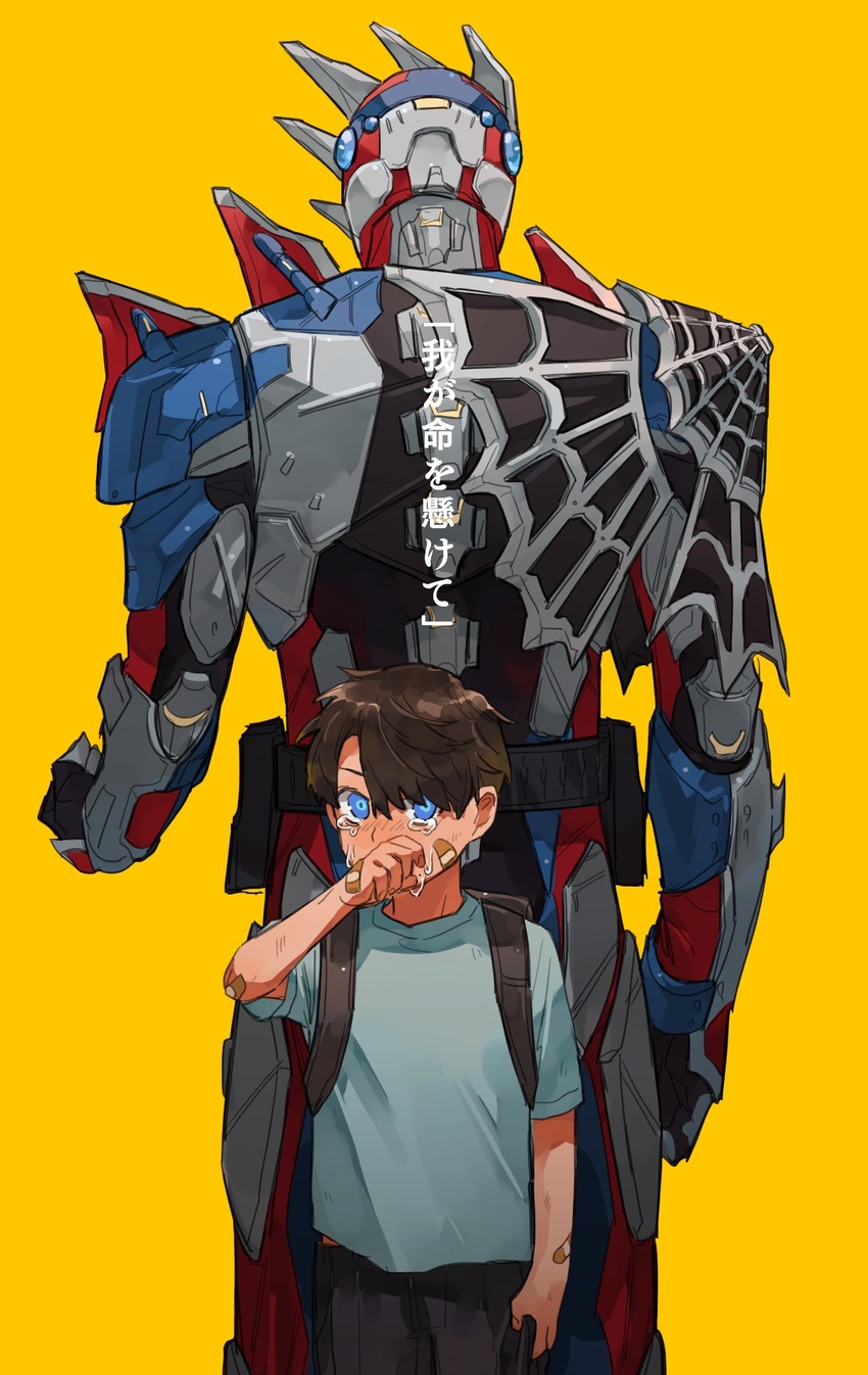 1boy aged_down aged_up armor backpack bag bandaid bandaid_on_arm bandaid_on_face bbbb_fex blue_armor blue_shirt crying crying_with_eyes_open evolution extra_eyes facing_away highres kadota_hiromi kamen_rider kamen_rider_demons kamen_rider_revice male_focus orange_background protected_link red_armor rider_belt shirt silk spider_genome spider_web spider_web_print tears translation_request web_print