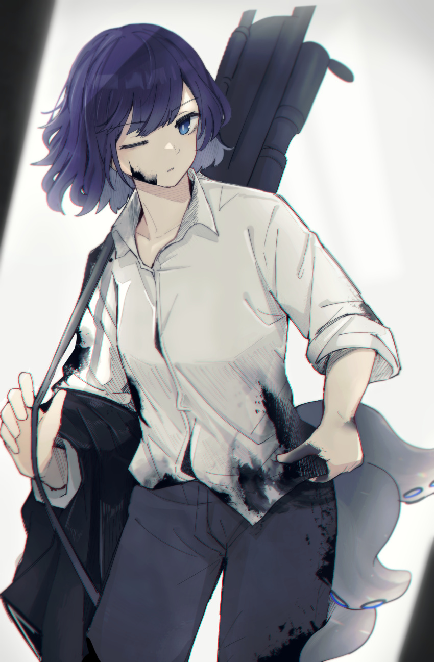 absurdres adjusting_shirt andreana_(arknights) arknights black_pants blue_eyes carrying collared_shirt cowboy_shot dirty dirty_clothes dirty_face female highres ink looking_at_viewer one_eye_closed pants purple_hair sasahara_(shou_goi) shirt short_hair shoulder_strap simple_background sleeves_past_elbows sleeves_rolled_up solo tentacle white_background white_shirt