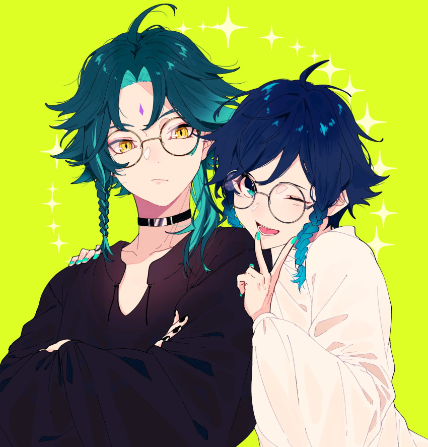 2boys ahoge androgynous black_hair black_nails black_shirt blue_hair braid choker closed_mouth collarbone commentary_request crossed_arms diamond-shaped_pupils diamond_(shape) eyeshadow facial_mark forehead_mark fuka_(hk_nemo) genshin_impact glasses gradient_hair green_eyes green_hair green_nails hand_on_another's_shoulder highres long_sleeves looking_at_viewer makeup male_focus multicolored_hair multiple_boys nail_polish one_eye_closed open_mouth parted_bangs red_eyeshadow round_eyewear shirt short_hair_with_long_locks simple_background slit_pupils smile sparkle_background symbol-shaped_pupils twin_braids two-tone_hair v venti_(genshin_impact) white_shirt xiao_(genshin_impact) yellow_background yellow_eyes