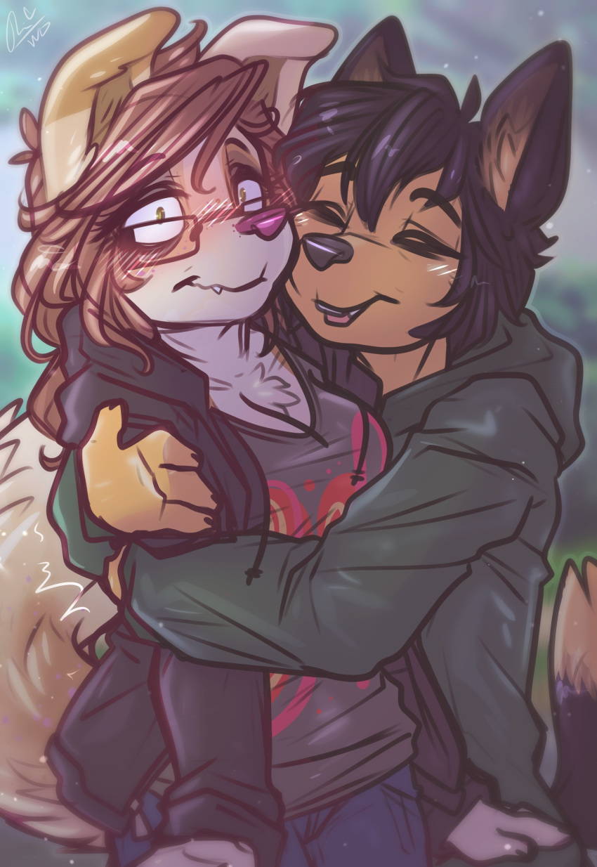 2019 4_fingers absurd_res anthro blush breasts canid canine canis closed_eyes clothed clothing cute_fangs digital_media_(artwork) dimmi_(character) dimwitdog domestic_dog duo eyewear female fingers fur glasses hair hi_res hug mammal smile worried