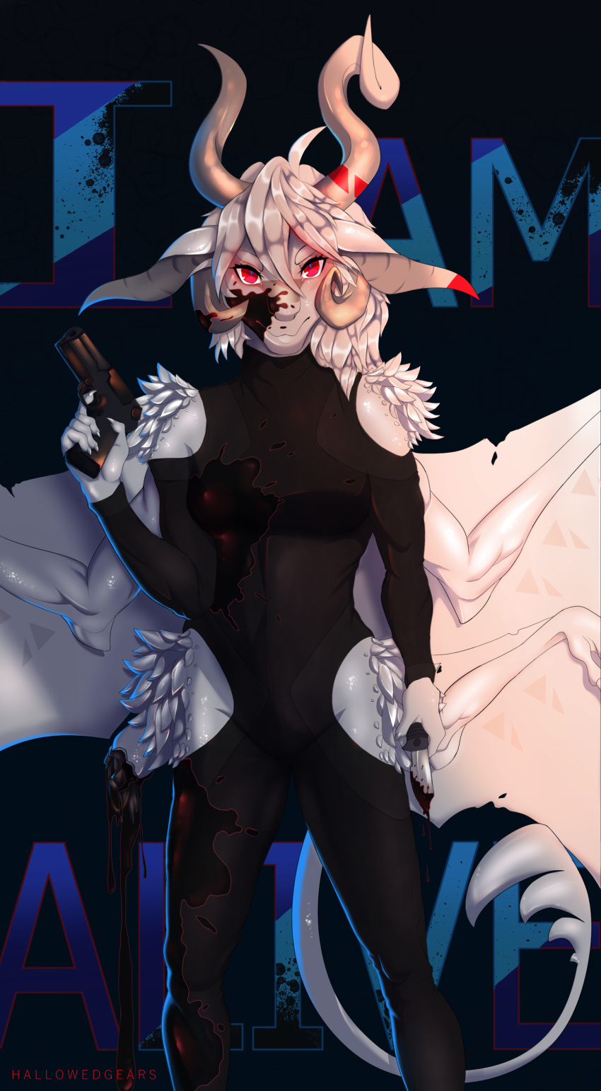 2020 24884_(hallowgen) absurd_res ahoge amputee android asymmetrical_horns black_blood blood blood_spatter blue_pupils bodily_fluids clothed clothing colored_blood curled_horn disability drude ears_outwards female front_view gore gun hair hallowgen hi_res horn jumpsuit knife machine markings membrane_(anatomy) membranous_wings metal missing_wing multi_wing notched_wings pivoted_ears pupils ranged_weapon red_eyes robot scales scalie shaded solo text unusual_blood unusual_bodily_fluids weapon white_body white_hair wings wounded