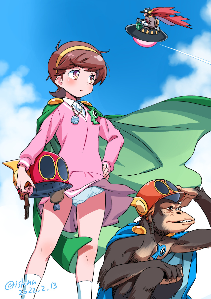 1boy absurdres animal badge birdman_(perman) breasts brown_eyes brown_hair cape clothed_animal cloud dated dress female hairband helmet highres hoshino_sumire isedaichi_ken jewelry monkey necklace paako panties perman_(series) perman_2 short_hair skirt underwear white_panties