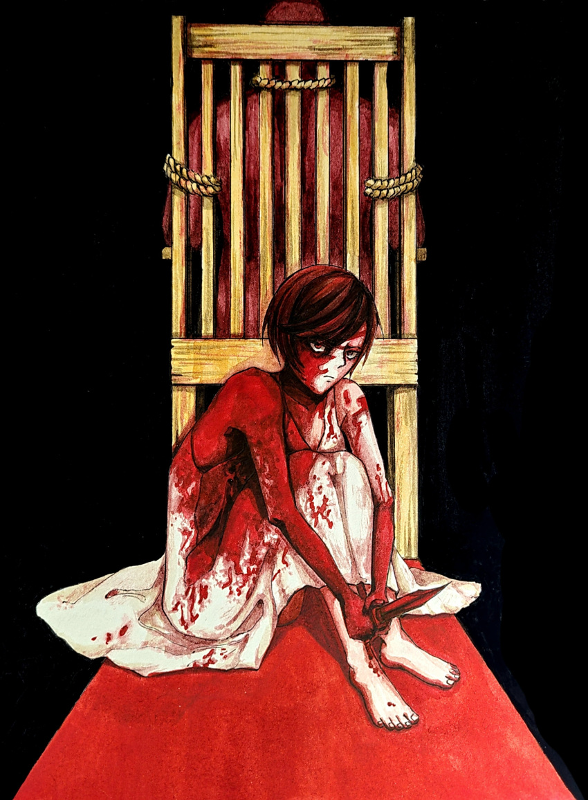 1other absurdres bare_arms bare_shoulders barefoot black_background blood blood_on_face blood_on_weapon bound brown_hair camisole chair closed_mouth collarbone commentary dress english_commentary evillious_nendaiki female fetal_position frown gouache_(medium) highres holding holding_knife implied_murder knees_to_chest knife majo_salmhofer_no_toubou_(vocaloid) meiko_(vocaloid) meta28050 meta_salmhofer painting_(medium) short_hair sitting sleeveless sleeveless_dress tied_up_(nonsexual) traditional_media vocaloid watercolor_(medium) weapon white_camisole white_dress