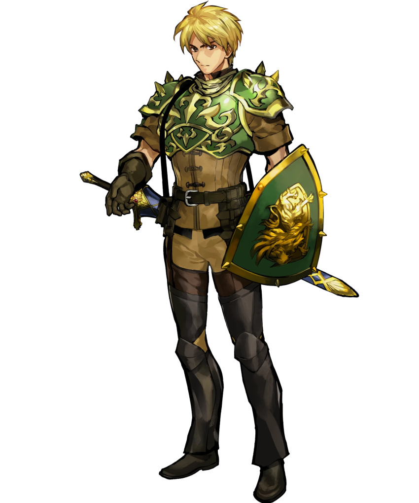 1boy akira_(kaned_fools) armor astram_(fire_emblem) belt blonde_hair boots brown_eyes fire_emblem fire_emblem:_mystery_of_the_emblem fire_emblem_heroes full_body gloves highres male_focus mercurius_(fire_emblem) official_art shield solo sword transparent_background weapon