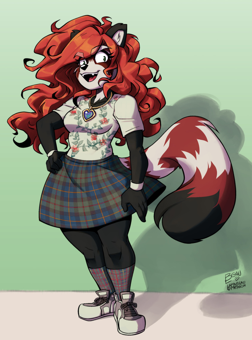 ailurid bottomwear clothing dress female footwear furgonomics green_eyes hair hi_res kilt lapinbeau mammal pinup pose red_hair red_panda roxie_(lapinbeau) scottish shirt skirt socks solo t-shirt tail tail_through_skirt topwear