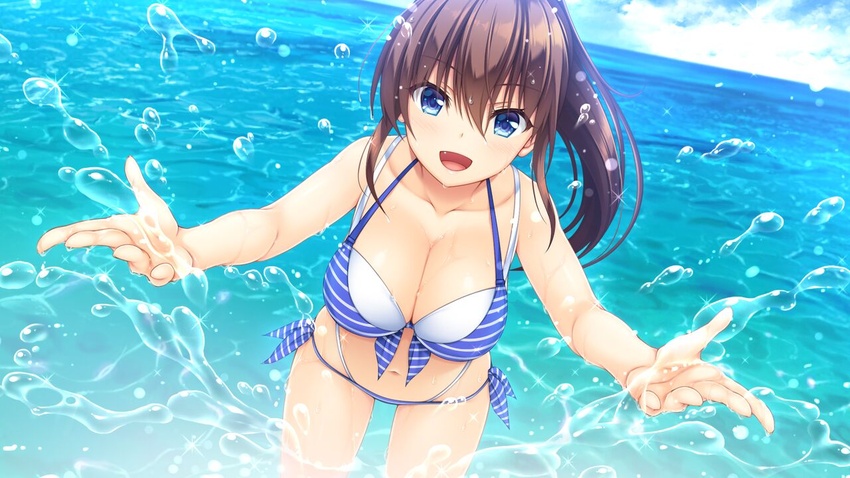 :d asami_asami bare_arms bikini blue_bikini blue_eyes breasts brown_hair cleavage collarbone day female floating_hair front-tie_bikini_top front-tie_top game_cg hair_between_eyes large_breasts leaning_forward long_hair looking_at_viewer natural_vacation navel ocean oerba_yun_fang open_mouth outdoors ponytail sarashina_yuzuki side-tie_bikini_bottom smile solo sparkle splashing striped_bikini striped_clothes summer swimsuit very_long_hair wading water