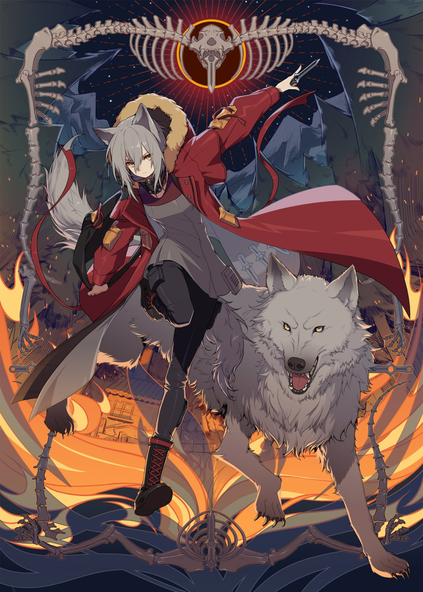 animal animal_ears arknights arm_up bag black_footwear black_pants boots cai_mu_you chinese_commentary commentary_request cross-laced_footwear dress female fire grey_hair highres holding holding_bag holding_knife jacket knife lace-up_boots leg_up long_hair looking_at_viewer pants pantyhose projekt_red_(arknights) red_jacket skeleton standing standing_on_one_leg tail wolf wolf_ears wolf_tail yellow_eyes