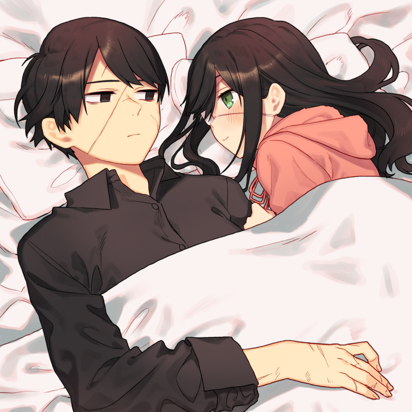 2girls alternate_costume bad_id bad_pixiv_id bed black_eyes black_hair black_shirt blanket blush casual collared_shirt commentary_request couple empty_eyes expressionless eyepatch green_eyes hair_down highres hood hood_down hoodie library_of_ruina long_hair looking_at_another michael_1987 multiple_girls partially_unbuttoned pillow pink_hoodie project_moon reverse_trap scar scar_on_cheek scar_on_face scar_on_hand scar_on_nose shared_blanket shirt short_hair sidelocks smile tenma_(project_moon) under_covers yujin_(project_moon) yuri