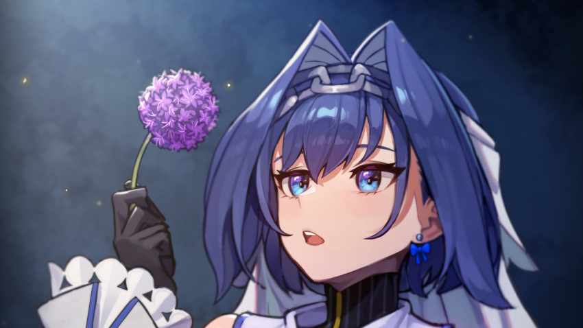 absurdres allium_(flower) bad_id bad_twitter_id blue_bow blue_eyes blue_hair bow bow_earrings chains commentary earrings eyebrows_hidden_by_hair female flower hair_intakes highres holding holding_flower hololive hololive_english jewelry open_mouth ouro_kronii ouro_kronii_(1st_costume) portrait purple_flower short_hair solo stoll_(tmxhf) turtleneck virtual_youtuber