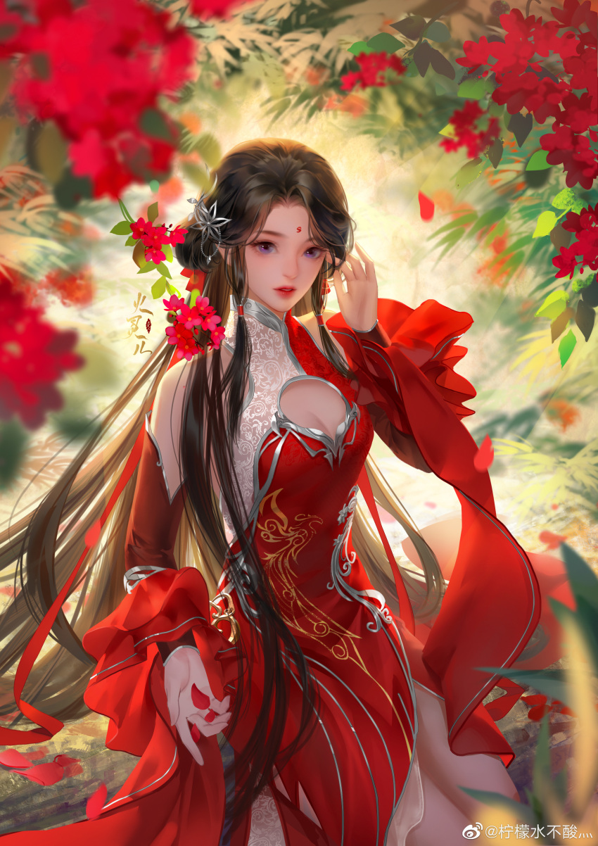 absurdres backlighting blue_eyes brown_hair cleavage_cutout clothing_cutout detached_sleeves dress facial_mark falling_petals female flower forehead_mark hair_ornament hair_rings hand_in_own_hair highres holding holding_petal huo_linger_(wanmei_shijie) long_hair looking_at_viewer niannian_nuli_zhong parted_lips petals red_dress red_flower second-party_source solo teeth two-tone_dress upper_body wanmei_shijie