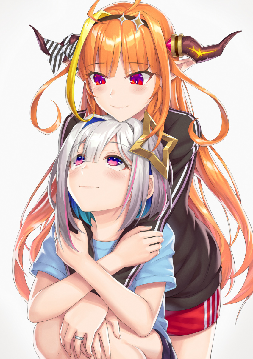 2girls absurdres ahoge amane_kanata angel arms_around_neck black_hairband black_jacket black_shorts blonde_hair blue_eyes blue_hair blue_shirt blunt_bangs bow colored_inner_hair commentary diagonal-striped_bow diagonal_stripes dragon_girl dragon_horns grey_hair hair_between_eyes hairband halo highres holding_another's_arm hololive horn_bow horn_ornament horns hug hug_from_behind jacket jewelry kiryu_coco light_blush long_hair long_sleeves looking_at_another looking_down looking_up matching_ring multicolored_eyes multicolored_hair multiple_girls orange_hair outstretched_arms pink_hair pointy_ears pp_tenshi_t-shirt print_shirt purple_eyes red_eyes red_shorts ring shirt short_hair short_sleeves shorts sidelocks simple_background smile squatting streaked_hair striped striped_bow track_jacket very_long_hair virtual_youtuber wedding_ring white_background wife_and_wife xun_(xun124c41) yuri