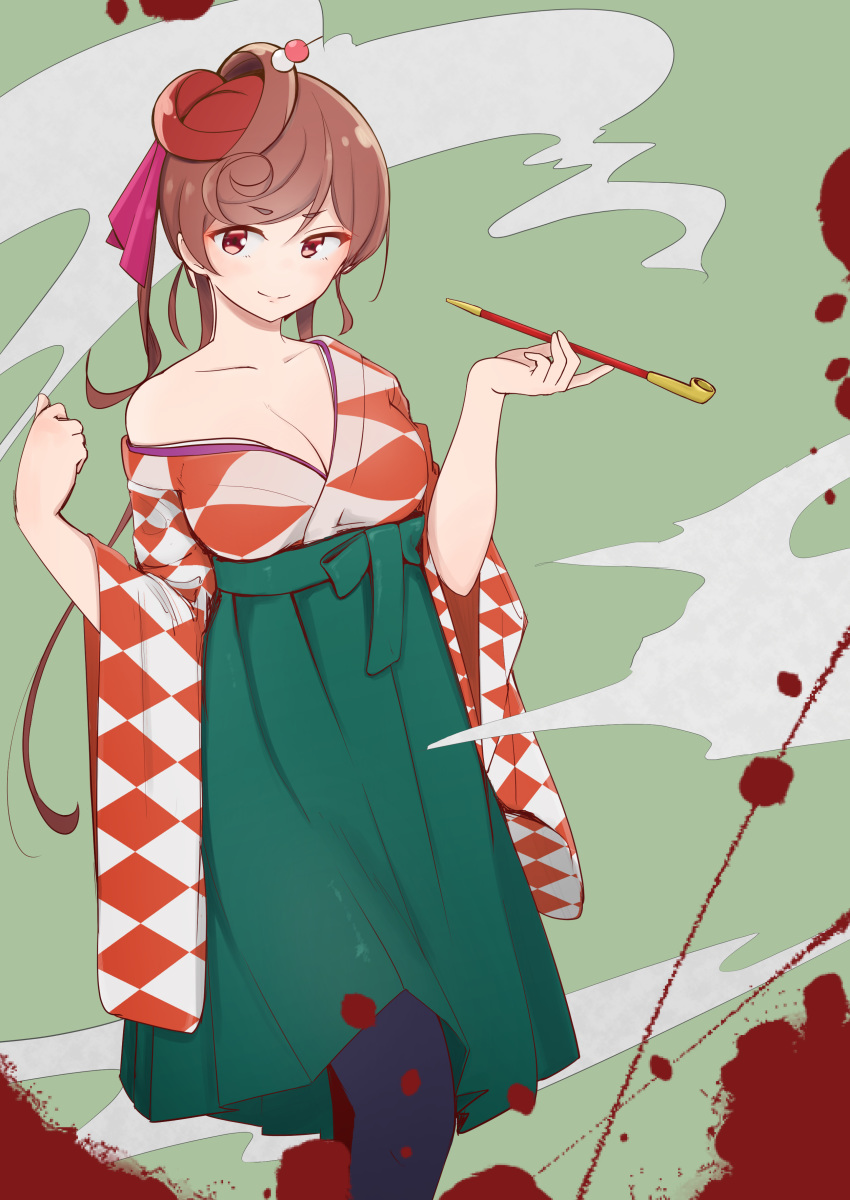 absurdres blood blood_splatter breasts brown_hair carrion1129 checkered_clothes checkered_kimono cleavage dango_hair_ornament female food-themed_hair_ornament hair_ornament heart heart_hair highres japanese_clothes kimono kiseru large_breasts long_hair off_shoulder red_eyes saga_prefecture smoke smoking_pipe yuugiri_(zombie_land_saga) zombie_land_saga