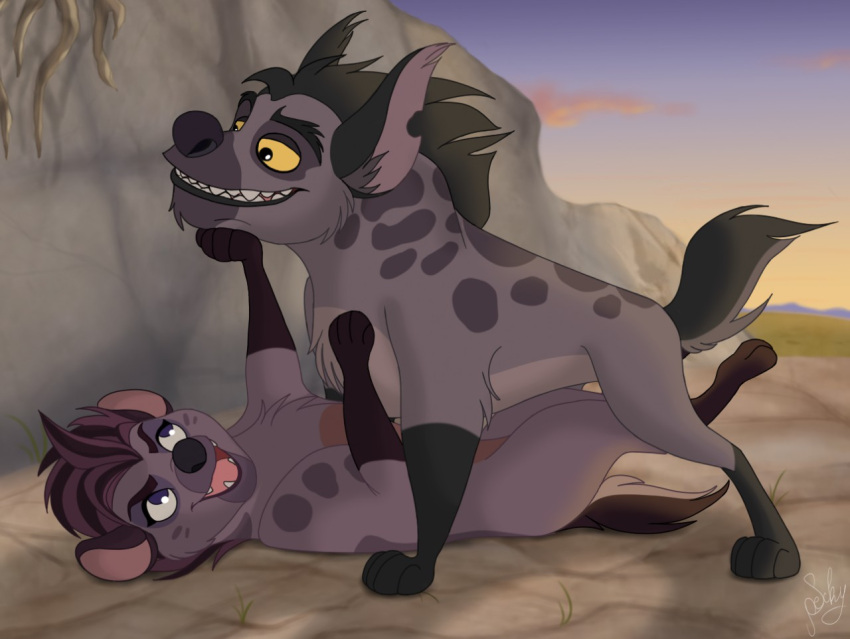 all_fours disney duo female feral fur hyena janja_(the_lion_guard) jasiri_(the_lion_guard) legs_up looking_at_another lying male mammal markings on_back open_mouth smile specky-arts spots spotted_body spotted_fur spotted_hyena the_lion_guard the_lion_king