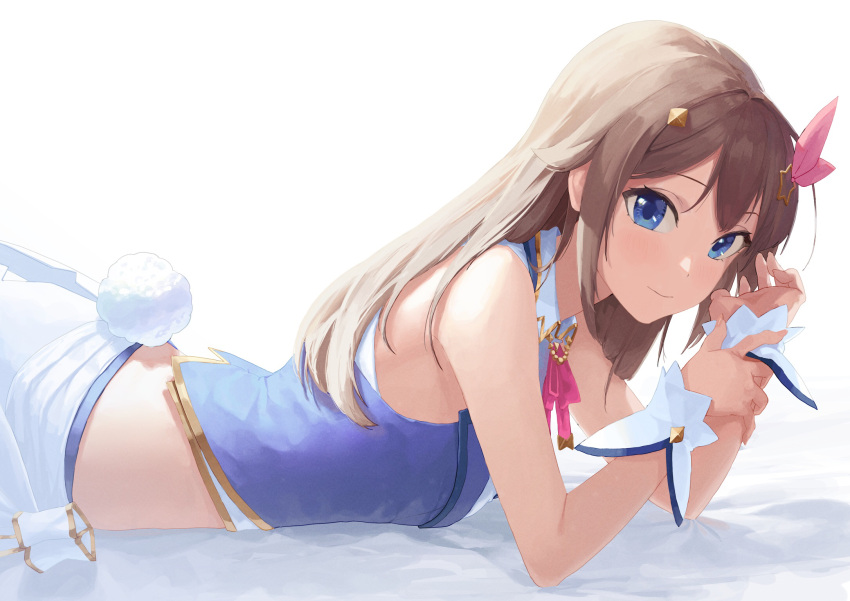 bed_sheet blue_eyes blue_shirt bow brown_hair closed_mouth fake_tail female from_side hair_intakes hair_ornament hairbow highres hololive long_hair looking_at_viewer lying makimaki_makky7 midriff on_stomach pink_bow rabbit_tail shirt simple_background sleeveless sleeveless_shirt smile solo star_(symbol) star_hair_ornament tail tokino_sora tokino_sora_(1st_costume) virtual_youtuber white_background wrist_cuffs