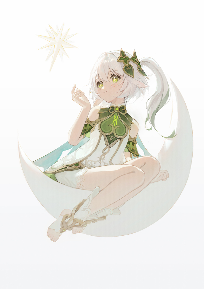 bare_shoulders dress female full_body genshin_impact green_eyes hand_up highres nahida_(genshin_impact) no_shoes pen_liangshui_po_ya_po side_ponytail simple_background socks solo star_(symbol) toeless_legwear white_background white_dress white_hair white_socks