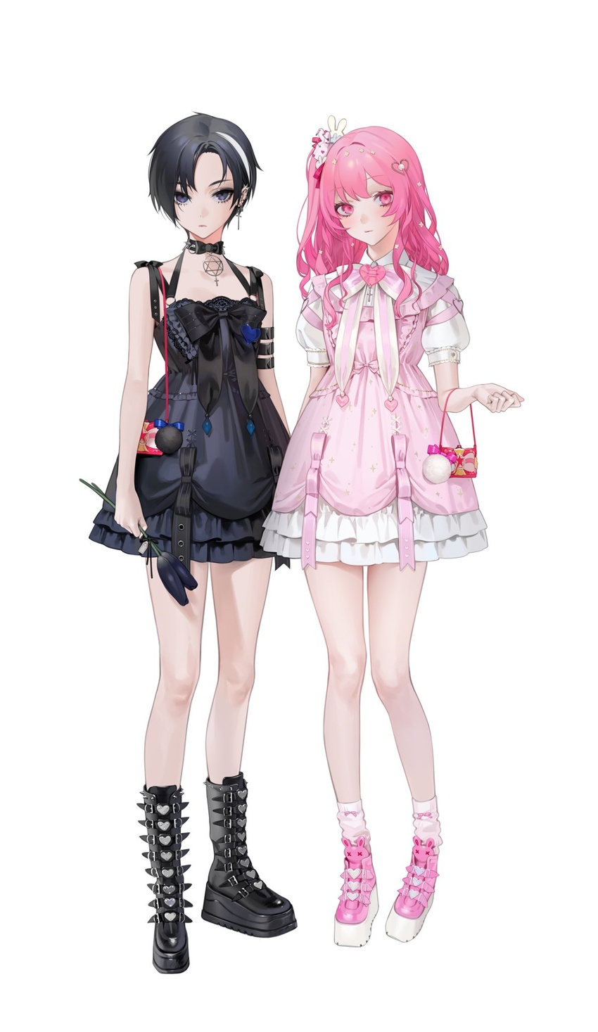 2girls bag bare_arms bare_shoulders black_bow black_eyes black_flower black_footwear black_hair black_ribbon boots bow chae_na-ra choker cross cross_earrings dress earrings flower frilled_dress frills full_body hair_ornament hand_up heart heart_hair_ornament highres holding holding_flower jewelry keishi_(shining_star) lolita_fashion long_hair multicolored_hair multiple_girls ohisashiburi pentagram pink_dress pink_eyes pink_footwear pink_hair pink_legwear puffy_short_sleeves puffy_sleeves rabbit_hair_ornament ribbon shining_star shoes short_hair short_sleeves simple_background socks standing striped_clothes striped_socks two-tone_hair white_background white_bow white_dress white_footwear white_hair