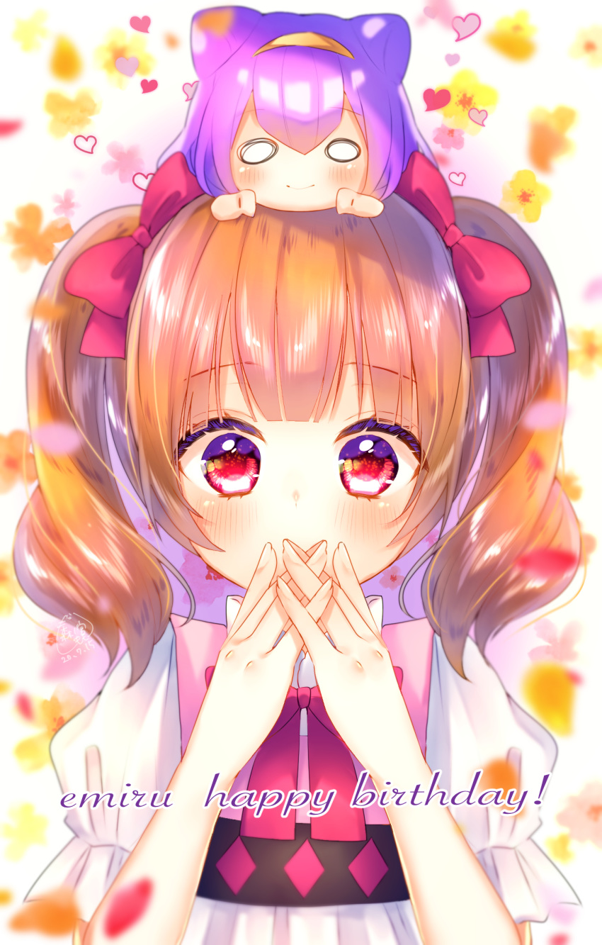 2girls aisaki_emiru blush bow brown_hair brown_hairband chibi chibi_on_head closed_mouth commentary cone_hair_bun covered_mouth dress floral_background hair_between_eyes hair_bun hairband hairbow hands_up heart highres hugtto!_precure interlocked_fingers looking_at_viewer multiple_girls o_o on_head own_hands_together precure puffy_short_sleeves puffy_sleeves purple_hair red_bow red_eyes ruru_amour short_sleeves signature smile twintails upper_body white_background white_dress xx_momomo_xx