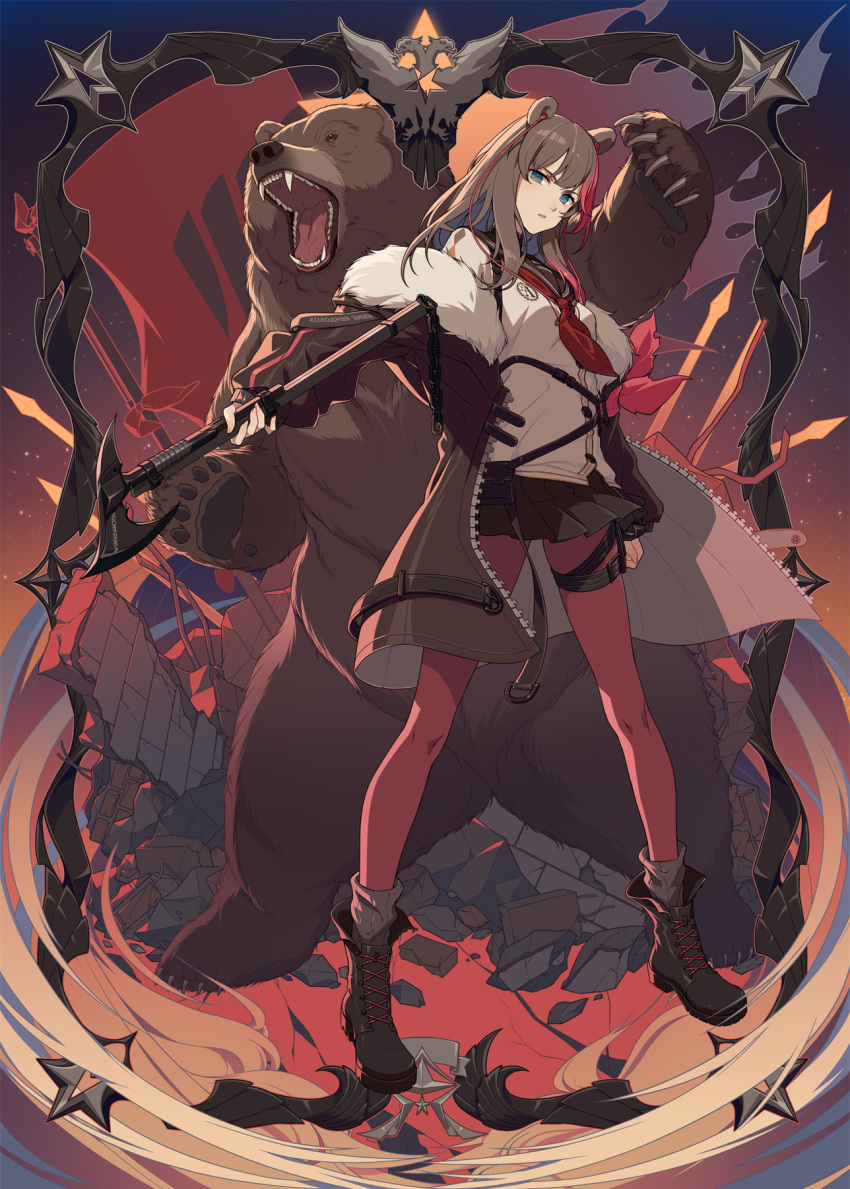 animal_ears arknights armband axe bear bear_ears black_footwear black_skirt blue_eyes boots border breasts brown_coat brown_hair cai_mu_you chinese_commentary coat cross-laced_footwear earbuds earphones female full_body fur-trimmed_coat fur_trim gradient_background grey_legwear highres holding holding_axe looking_at_viewer medium_breasts medium_hair miniskirt multicolored_hair neckerchief off_shoulder open_clothes open_coat orange_background pantyhose parted_lips pleated_skirt purple_background red_hair red_neckerchief red_pantyhose red_pupils ribbed_legwear rubble sailor_collar school_uniform serafuku shirt skirt socks socks_over_pantyhose solo standing strap streaked_hair two-tone_hair unzipped white_shirt zima_(arknights)