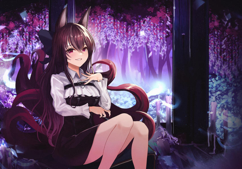 absurdres animal_ears arm_under_breasts bad_id bad_pixiv_id black_bow black_dress bow breasts brown_hair candle chest_belt collared_shirt dress female flower fox_ears fox_girl fox_tail gmg hair_between_eyes hairbow highres jururu kitsune kyuubi long_hair long_sleeves looking_at_viewer medium_breasts multicolored_hair multiple_tails purple_eyes purple_hair purple_nails shirt sitting smirk solo streaked_hair tail very_long_hair virtual_youtuber waktaverse white_shirt wisteria