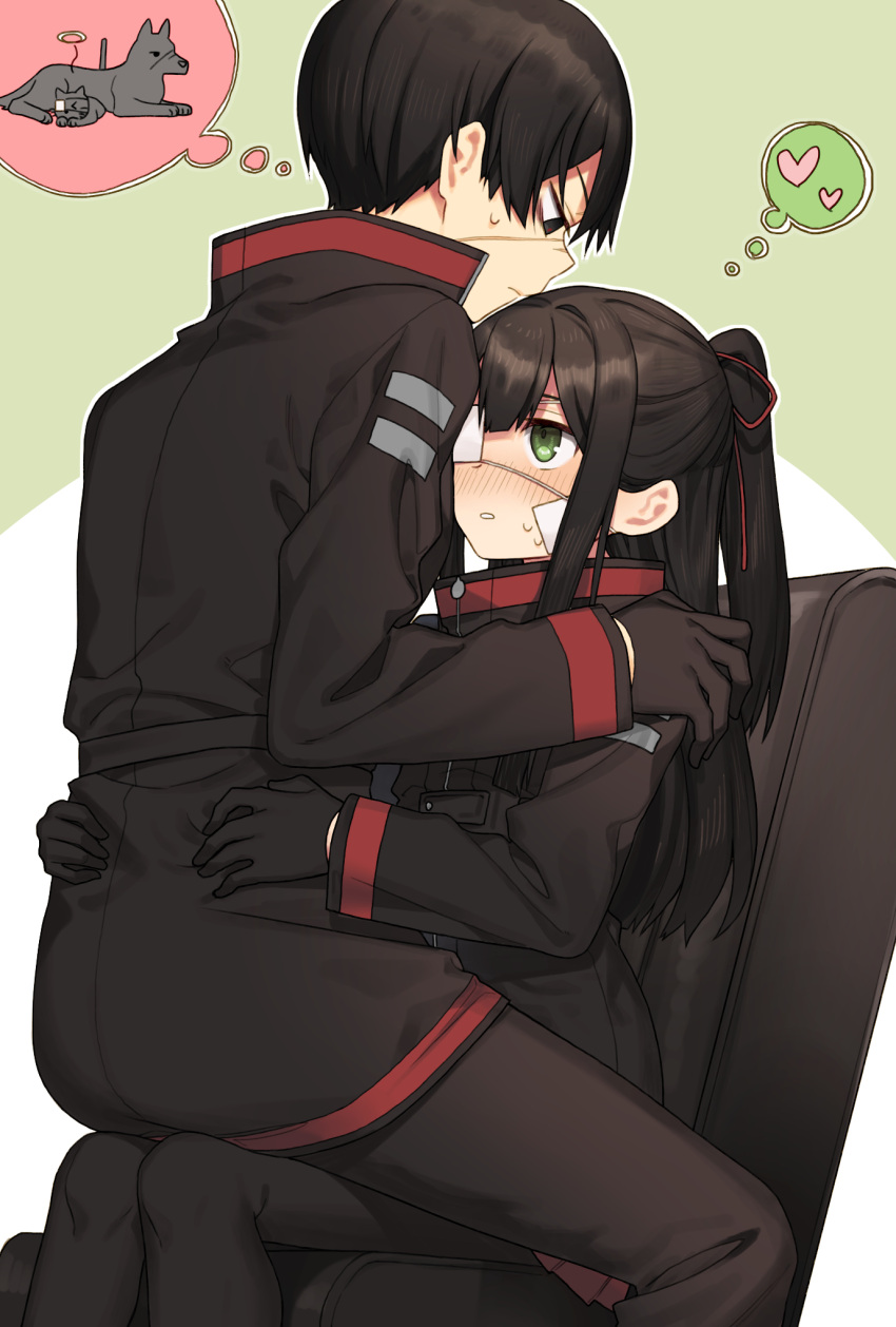 >_< 2girls bad_id bad_pixiv_id bags_under_eyes bandaid bandaid_on_face black_eyes black_gloves black_hair blush closed_mouth coat commentary_request eyepatch gloves green_background green_eyes hair_intakes hair_ribbon hands_on_another's_shoulders heart height_difference highres hug legs_together library_of_ruina long_hair long_sleeves looking_at_another looking_up michael_1987 multiple_girls on_lap pantyhose pleated_skirt ponytail project_moon red_ribbon red_skirt reverse_trap ribbon scar scar_on_face scar_on_nose short_hair sidelocks simple_background skirt sweat tall_female tenma_(project_moon) thought_bubble two-tone_background waist_hug white_background wolf yujin_(project_moon) yuri zipper_pull_tab