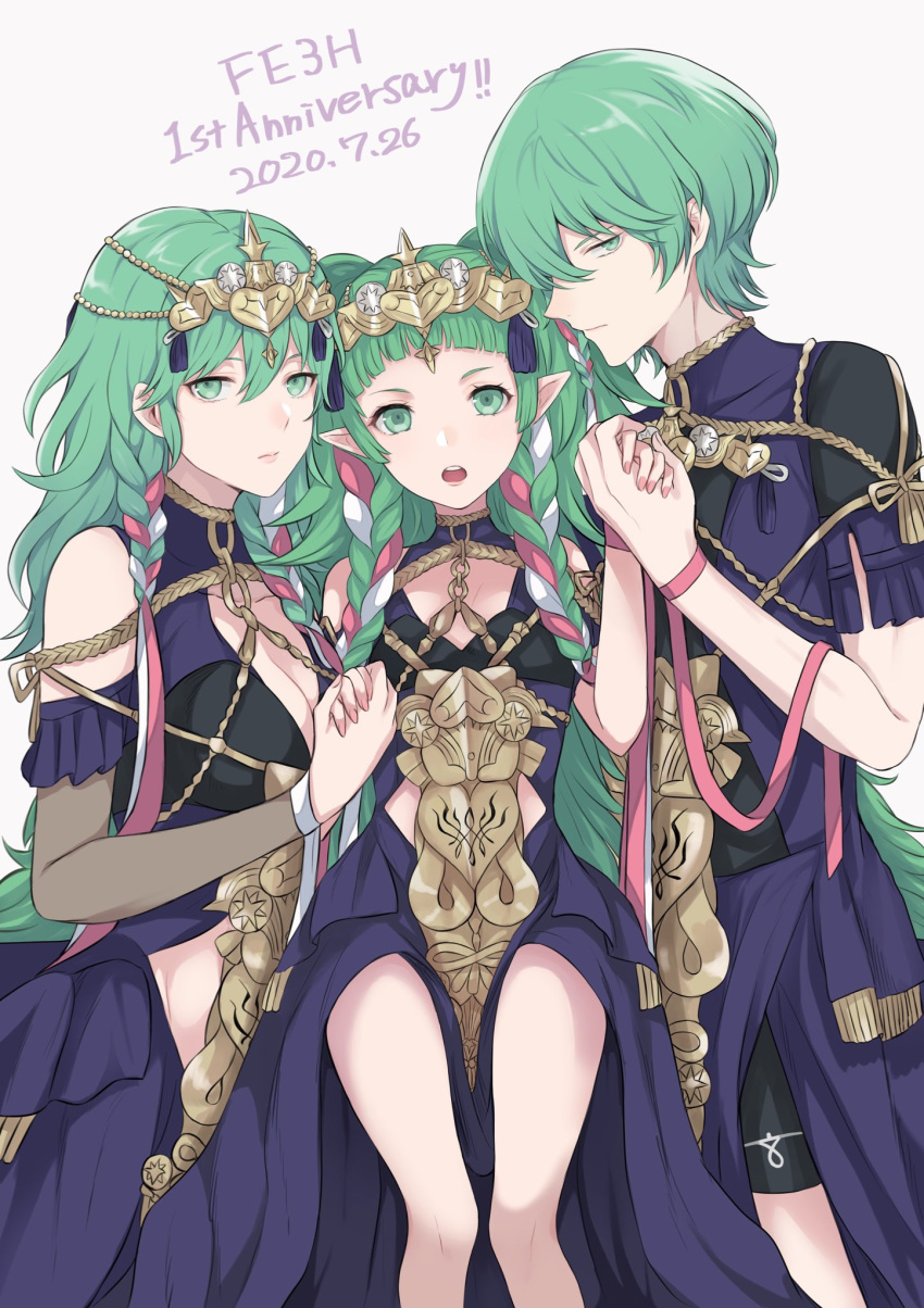 1boy 2girls akina_(akn_646) anniversary braid breasts byleth_(fire_emblem) byleth_(fire_emblem)_(female) byleth_(fire_emblem)_(male) cleavage closed_mouth copyright_name cosplay dated dress fire_emblem fire_emblem:_three_houses green_eyes green_hair highres holding_hands long_hair multiple_girls open_mouth pointy_ears ribbon_braid short_hair simple_background single_braid sothis_(fire_emblem) sothis_(fire_emblem)_(cosplay) tiara twin_braids