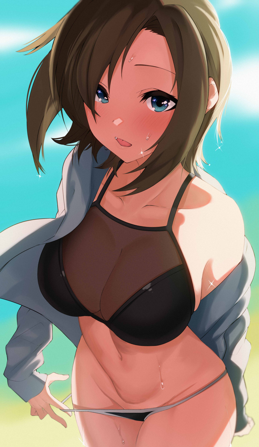 :o absurdres apple_(ygbhjdbiulsg) asymmetrical_bangs bikini black_bikini blurry blush breasts brown_hair cleavage collarbone commentary cowboy_shot depth_of_field female groin highres idolmaster idolmaster_cinderella_girls jacket jacket_partially_removed long_sleeves looking_at_viewer medium_breasts navel outdoors panty_tug shiny_skin sideboob skindentation solo stomach sweatdrop swimsuit tada_riina tongue white_jacket