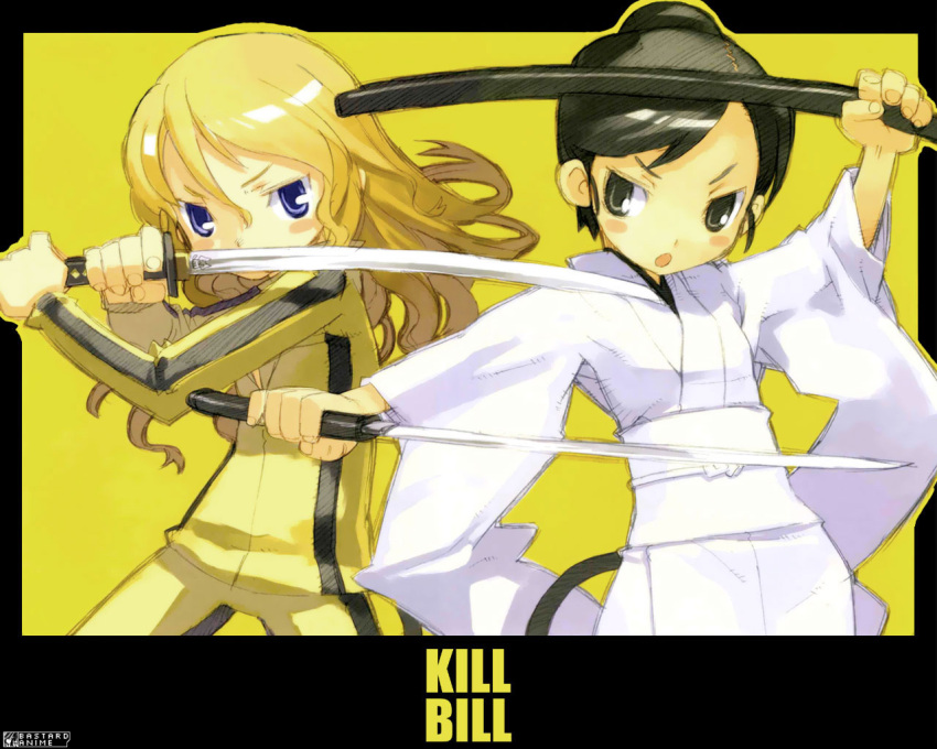 beatrix_kiddo black_hair black_mamba blonde_hair bruce_lee's_jumpsuit illustration japanese_clothes katana kill_bill kimono kuroboshi_kouhaku movie multiple_girls o-ren_ishii photoshop sword the_bride weapon yellow