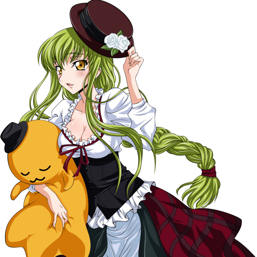 absurdres bow braid breasts c.c. cheese-kun cleavage code_geass female flower frills green_hair hat hat_flower highres iyou long_hair medium_breasts open_mouth pizza_hut single_braid solo transparent_background very_long_hair yellow_eyes yukkyun