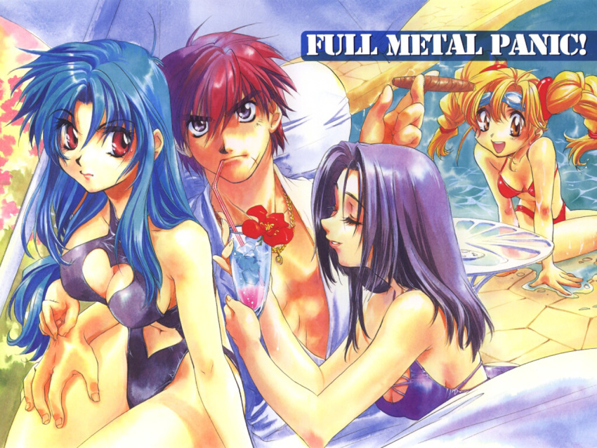 1boy 3girls bikini blonde_hair breasts chidori_kaname cigar cleavage cleavage_cutout clothing_cutout drink flower full_metal_panic goggles heart heart_cutout hibiscus imageboard_desourced jewelry manly medium_breasts mikihara_ren multiple_girls necklace non-web_source photoshop_(medium) pimp pinching pool sagara_sousuke scar shikidouji small_breasts swimsuit tokiwa_kyouko twintails water