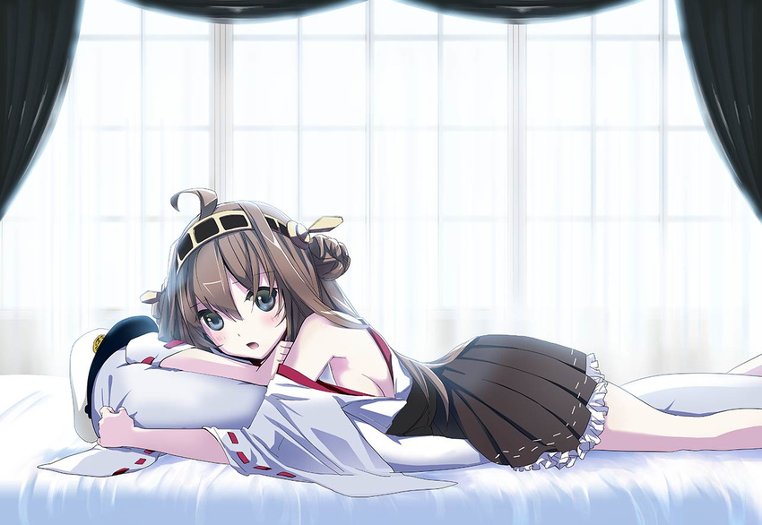 ahoge blush breasts brown_hair commentary_request detached_sleeves female hairband hat headgear kantai_collection kongou_(kancolle) large_breasts long_hair looking_at_viewer lying nontraditional_miko on_stomach open_mouth sideboob skirt solo wide_sleeves yonasawa