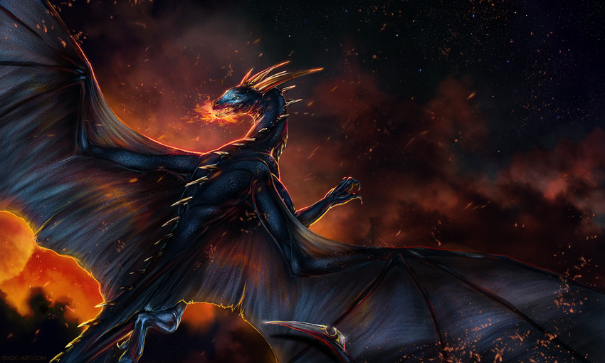 5:3 detailed_background digital_media_(artwork) dragon feral horn implied_fire isvoc membrane_(anatomy) membranous_wings mythological_creature mythological_scalie mythology night open_mouth quadruped scalie sky solo spines spread_wings star starry_sky tail teeth wings