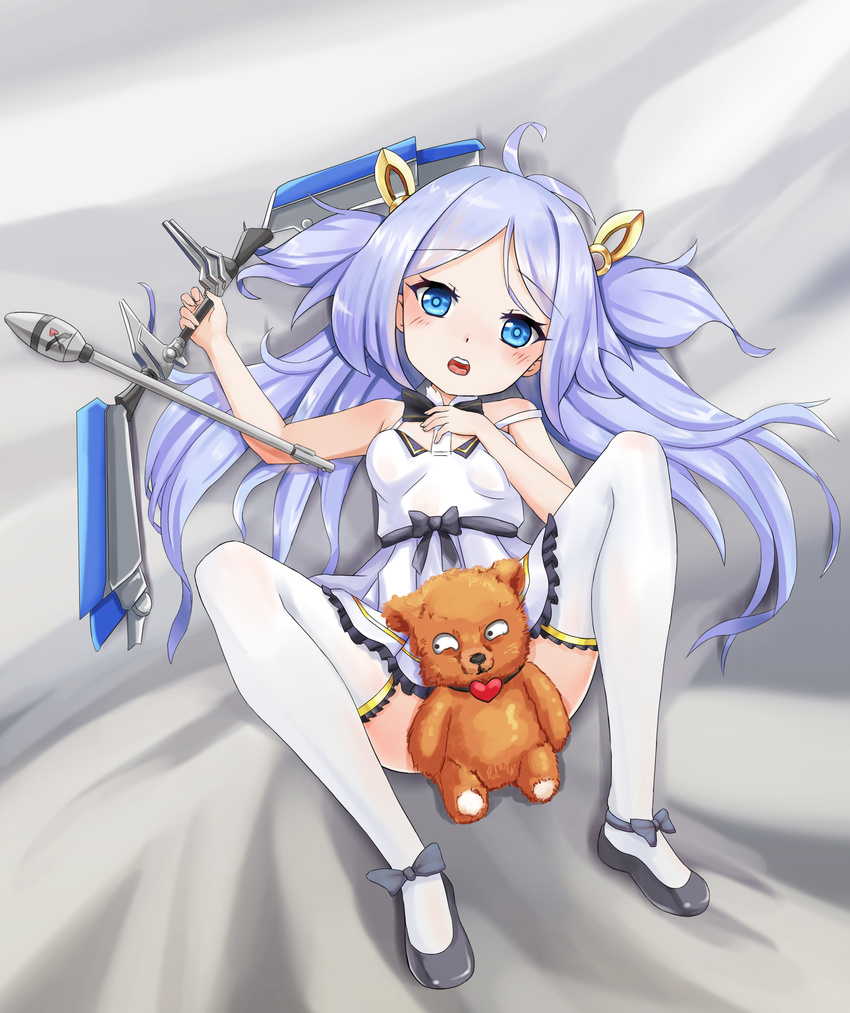 ahoge arrow azur_lane bare_arms between_legs blush bow breasts cupid_(azur_lane) dress eyebrows_visible_through_hair female female full_body hair_ornament heart knees_up long_hair looking_at_viewer lying off_shoulder on_back open_mouth purple_eyes shoes small_breasts solo stuffed_animal teddy_bear the_hermit thighhighs white_dress white_legwear