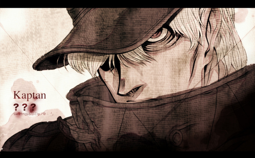 1boy blonde_hair captain_(hellsing) commentary_request hat hellsing imasan letterboxed male_focus red_eyes solo white_hair