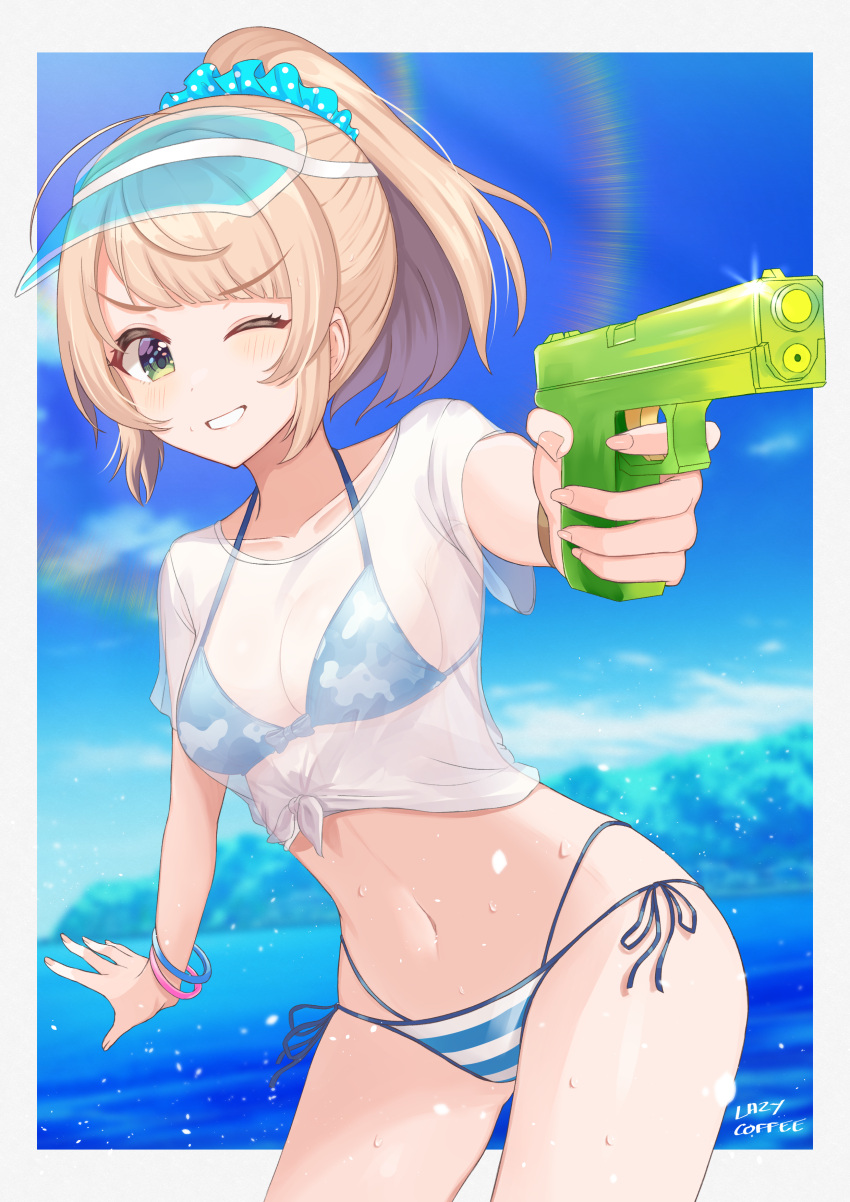 absurdres bikini bikini_under_clothes blonde_hair blue_bikini blue_sky bracelet breasts cleavage cloud day female green_eyes hair_ornament hair_scrunchie halterneck highres horizon indie_virtual_youtuber jewelry lazycoffee_(wyen_iscordo) looking_at_viewer medium_breasts mismatched_bikini no_pants ocean one_eye_closed outdoors ponytail scrunchie shigure_ui_(vtuber) shirt short_hair side-tie_bikini_bottom sky solo string_bikini swimsuit t-shirt tied_shirt virtual_youtuber visor_cap water water_gun wet wet_clothes wet_shirt white_shirt