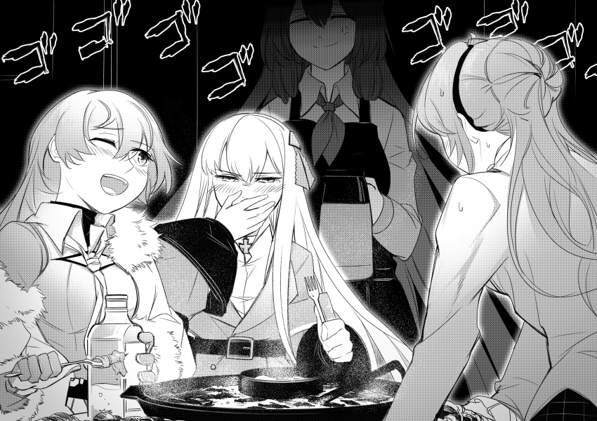 4girls absurdres anger_vein apron ascot blush choker closed_eyes coat commentary_request covering_own_mouth cross drink drunk eyes_visible_through_hair eyewear_on_head false_smile food fork fur-trimmed_coat fur_trim girls'_frontline gloves greyscale hair_between_eyes hair_bun hair_ribbon hand_over_own_mouth hat highres holding holding_fork iron_cross kar98k_(girls'_frontline) lee-enfield_(girls'_frontline) long_hair long_sleeves military military_uniform monochrome monocle mosin-nagant_(girls'_frontline) mosin-nagant_(mod3)_(girls'_frontline) multiple_girls mush necktie one_eye_closed open_mouth pitcher_(container) ribbon shaded_face sidelocks single_hair_bun smile sound_effects springfield_(girls'_frontline) sweatdrop tearing_up teeth tied_hair tongue uniform unworn_hat unworn_headwear upper_teeth_only wing_collar