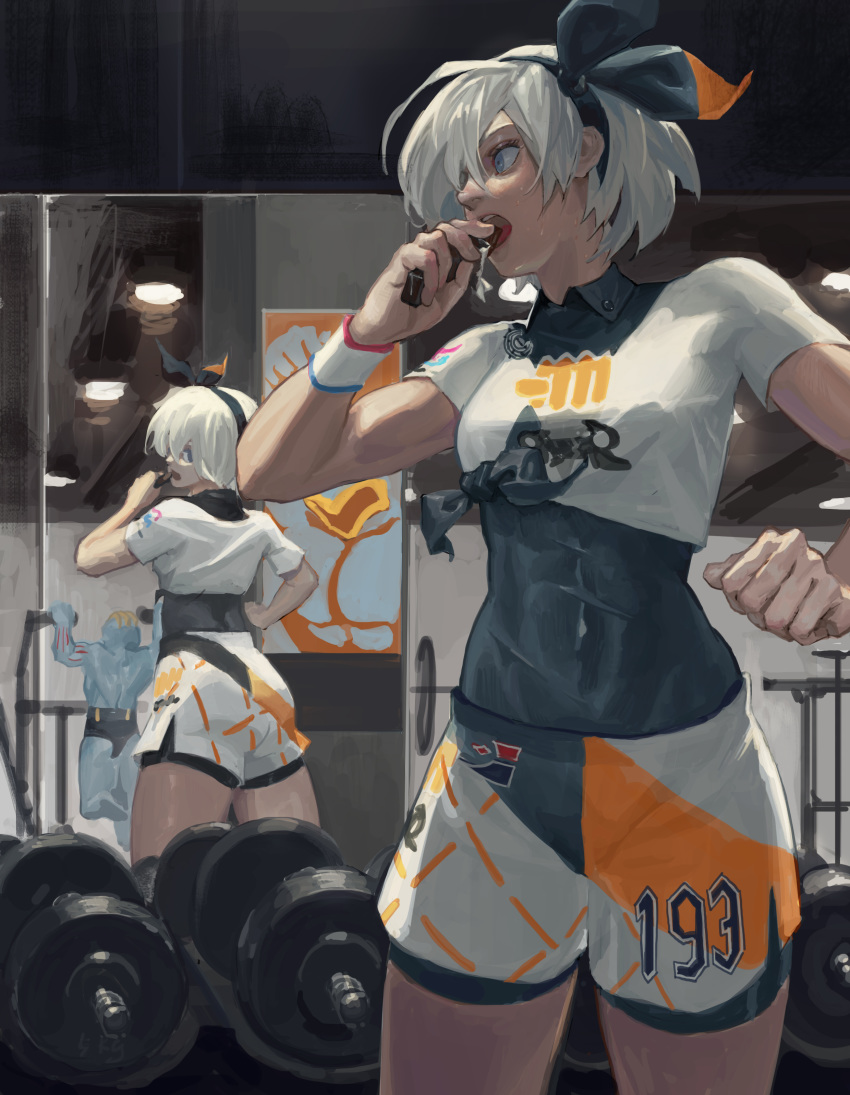 absurdres bea_(pokemon) black_bodysuit black_hairband bodysuit bodysuit_under_clothes breasts collared_shirt commentary dark-skinned_female dark_skin dumbbell dynamax_band eating female food grey_eyes grey_hair gym hairband hand_up highres holding holding_food machoke mirror nazgul_(5511474) photoshop_(medium) pokemon pokemon_(creature) pokemon_swsh print_shirt print_shorts reflection shirt short_hair short_sleeves shorts standing tied_shirt