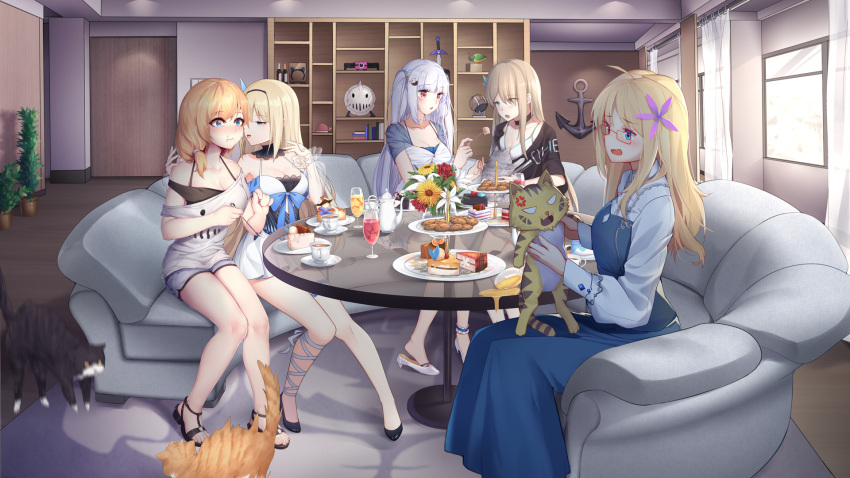 5girls aer_(tengqiu) ahoge ain_houfanghuashui anchor bird_hair_ornament black_footwear black_hairband black_shirt blonde_hair blue_dress blue_eyes blush cake cake_slice commentary_request cookie couch cup door dress drinking_glass essex_(warship_girls_r) feline food glass_table glasses grey_shorts hair_ornament hair_over_shoulder hairband highres hood_(warship_girls_r) indoors layered_shirt lexington_(cv-16)_(warship_girls_r) lexington_(warship_girls_r) long_hair long_sleeves medium_hair multiple_girls no_socks nose_blush off-shoulder_shirt off_shoulder plate platinum_blonde_hair ray_(pixiv9514208) red-framed_eyewear red_eyes rodney_(warship_girls_r) sandals shirt shoe_dangle short_dress short_shorts short_sleeves shorts sitting sleeveless sleeveless_dress sleeveless_shirt table toes twintails warship_girls_r white_dress white_footwear white_hair white_shirt window