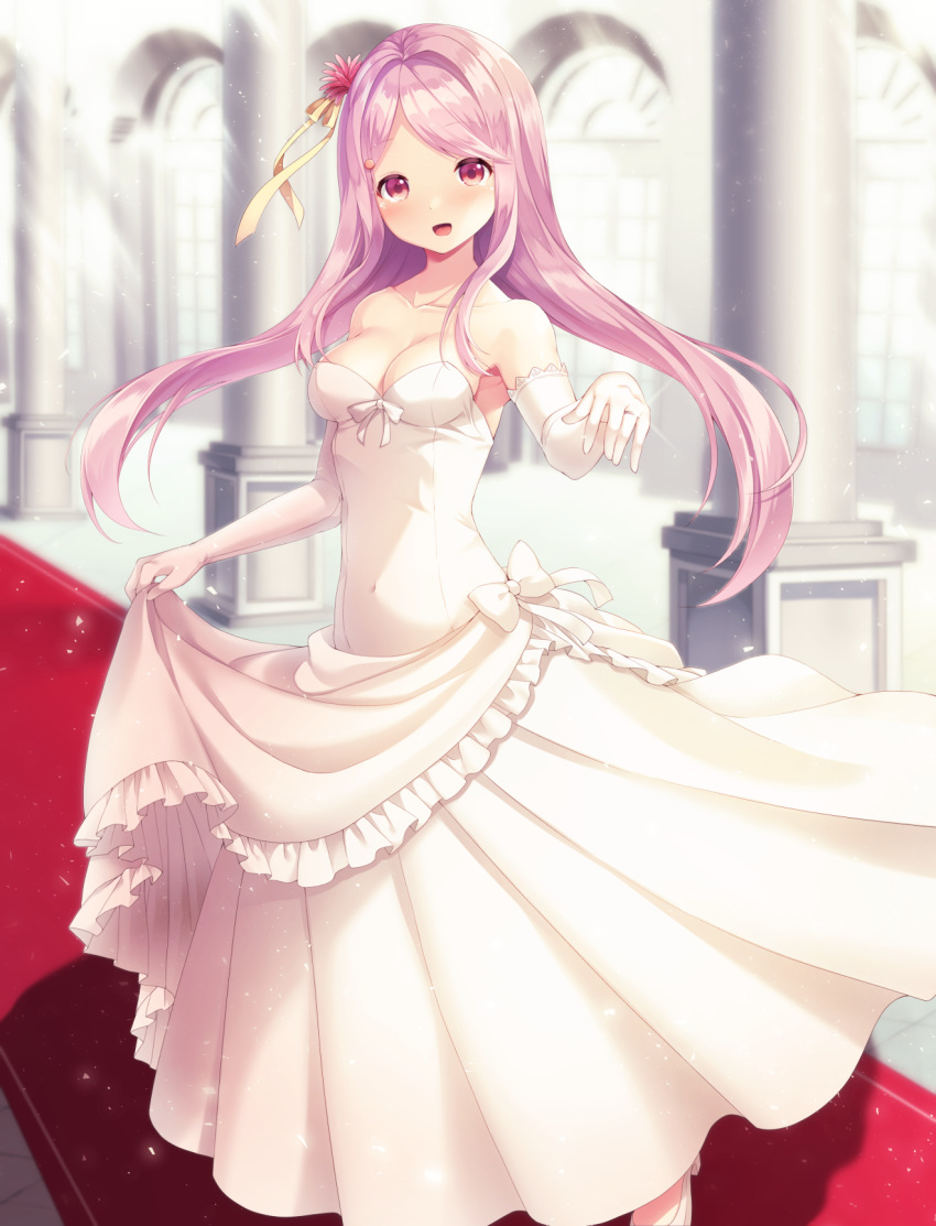 :d armpits bare_shoulders bow breasts cleavage collarbone dress dress_bow elbow_gloves female flower flower_knight_girl frills full_body gloves hair_flower hair_ornament hairbow highres indoors long_hair looking_at_viewer medium_breasts open_mouth pillar pink_hair red_eyes sangobana_(flower_knight_girl) shoes smile solo standing strapless strapless_dress suzuno wedding_dress white_bow white_dress white_footwear white_gloves yellow_bow